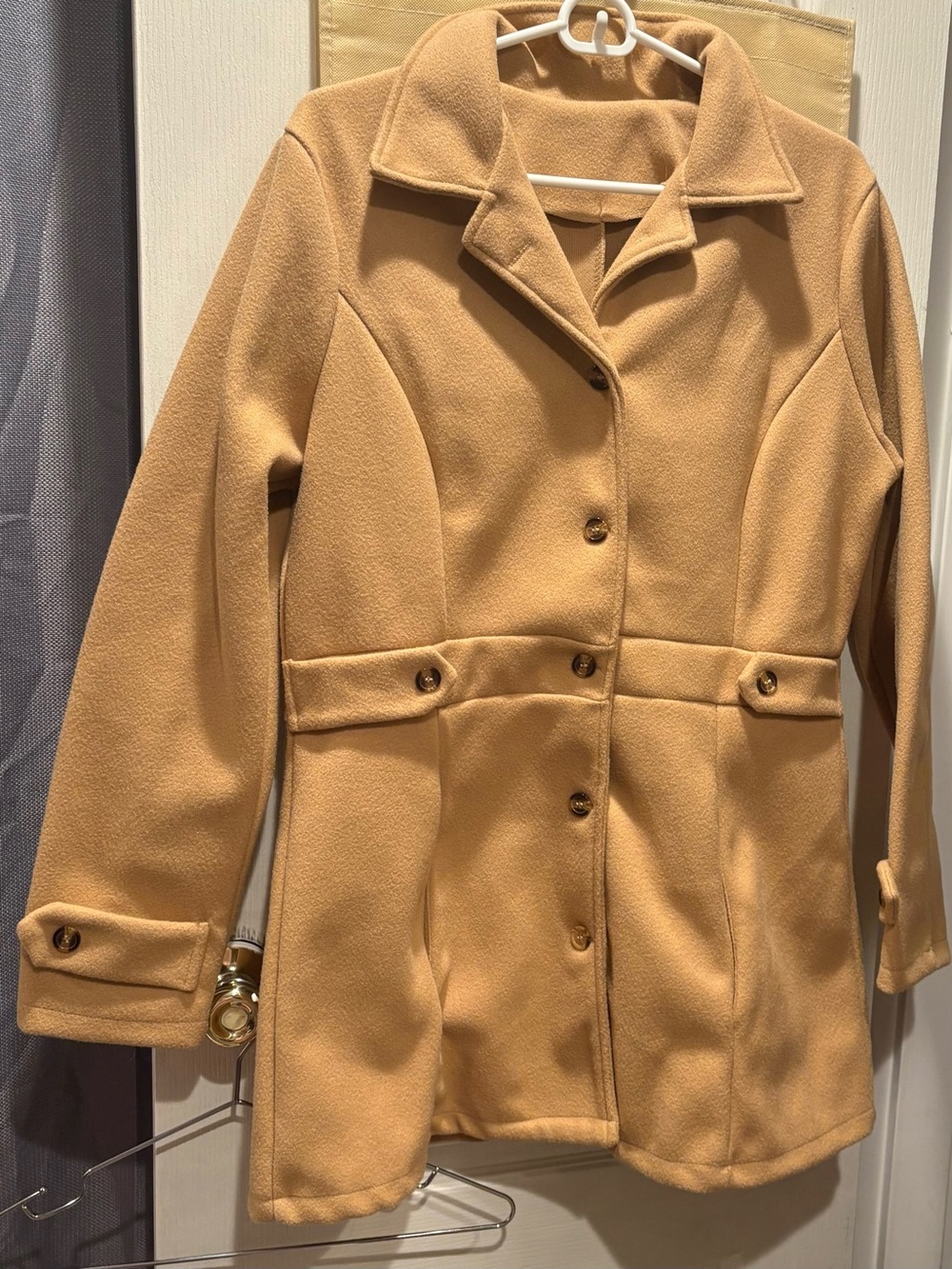 Women’s Camel Button-Front Wool-Blend Pea Coat